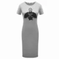 Grey short sleeve bodycon midi dress featuring a gothic bat cat graphic front detail - S / Gray