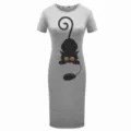 Close-up detail of gray short-sleeve midi dress featuring a cute black cat graphic print. - S / Gray