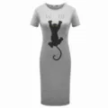 Women summer short sleeve grey midi dress cute black cat print casual streetwear style - S / Gray