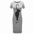 Grey short sleeve midi dress featuring cute black cat graphic print and slim fit style. - S / Gray