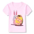 Pink kids summer short sleeve t-shirt detail featuring cute cartoon Easter bunny graphic print. - Pink 22725 / 24M