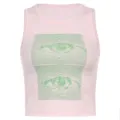 Pink crop tank top with green eye graphic streetwear aesthetic casual sleeveless shirt - S / Pink