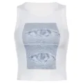 White sleeveless crop top for women featuring unique blue eye graphic streetwear. - S / White