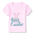 Close-up view showing chest details of the pink kids short sleeve t-shirt with bunny print. - Pink 22729 / 24M