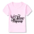 Detailed view of the cute pink kids short-sleeve top featuring festive Easter bunny graphics. - Pink 22732 / 24M