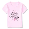 Detailed view of kids pink short sleeve t-shirt featuring cute Easter bunny graphic print. - Pink 22733 / 24M