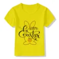 Close-up view of the bright yellow kids short-sleeve t-shirt with festive Easter bunny graphic. - Yellow 22733 / 24M