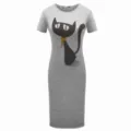 Fashionable summer casual short sleeve grey midi dress with cute black cat print for women. - S / Gray