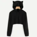 Black cat ear cropped hoodie, cute long sleeve solid color pullover sweatshirt for women. - S / Black