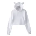 White cat ear crop hoodie for women, long sleeve hooded sweatshirt, cute pullover top. - M / White