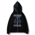 Schwarzer Kapuzenpullover mit Reißverschluss, Strass-Grafik und Spinnennetz-Kapuze. - S / Schwarz