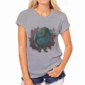 Grey t-shirt detail featuring unique front monster graphic print and classic crew neck design. - S / Gray