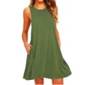 Detail view of women summer army green sleeveless dress with convenient side pockets design. - S / Coffee