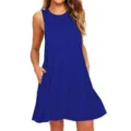 Women solid color sleeveless pocket casual summer dress, loose fit beach mini dress. - S / Blue