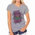 Detailed view of grey short-sleeve women's crewneck t-shirt featuring a unique zombie pumpkin graphic print. - S / Gray