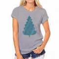Detail van het grijze dames t shirt met korte mouwen en een blauwe boomprint erop. - Grijs-578