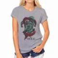 Gray short sleeve crewneck t-shirt for women featuring a cool gothic jester chest graphic. - S / Gray