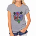 Close-up detail of the colorful splatter paint bear graphic printed on grey cotton t-shirt. - S / Gray