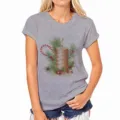 Grijs dames t-shirt met korte mouwen en kerstkaars print, casual vakantie topjes. - Grijs-581