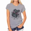 Grey women's short sleeve T-shirt featuring a cool dinosaur headphone graphic print detail. - S / Gray