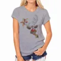 Dames grijs korte mouw t-shirt met schattige cartoon rendier kerst grafische print op borst. - Grijs-582