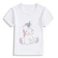 T-shirt per bambini a maniche corte con stampa unicorno, top bianco girocollo comodo. - Bianco 2430 / 24M