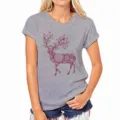 Grijs t-shirt met korte mouwen en rendierprint voor dames, casual ronde hals. - Grijs-583