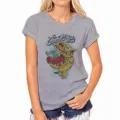 Grey womens short sleeve crew neck t-shirt featuring fun graphic print casual top - S / Gray