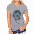 Close-up detail of the grey short sleeve t-shirt featuring a cool blue mechanical skull print. - S / Gray