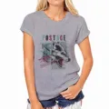 Gray short sleeve graphic t-shirt for women featuring wolf postage stamp print detail view. - S / Gray