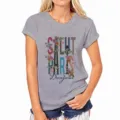 Grey short sleeve women t-shirt featuring stylish floral Paris lettering print and round neck design. - S / Gray