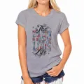 Grey graphic t-shirt for women featuring floral letter print short sleeve casual top. - S / Gray