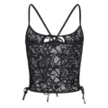 Black lace camisole crop top detail view showcasing floral sheer fabric and straps. - S / Black