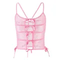 Pink lace camisole top featuring sheer jacquard pattern, delicate bow ties and slim straps. - S / Pink