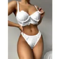 Weisses transparentes Spitzen-Lingerie-Set fuer Damen sexy zweiteiliger BH und Tanga - S / Weiß
