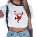 Dames wit crop top t-shirt met schattige cartoon kerstman print korte mouw casual top. - 945
