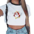 Dames Mode Kerstman Print Korte Mouw Crop Top Wit Casual T-Shirt Voor Vrouwen - 950