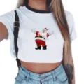 Dames korte mouw crop top met schattige Kerstman print, stijlvol ringer t-shirt voor casual. - 951