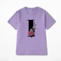 Paars t-shirt met korte mouwen, brief en bloemenprint, casual dames zomer top - S / Paars (Letter I)