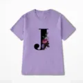 Paars t-shirt met korte mouwen en chique bloemige letter J opdruk, casual basic ronde hals top. - S / Paars (Letter J)