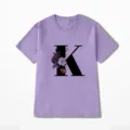 Paarse bedrukte T-shirt met bloemen en letter K print, casual dames zomerkleding top. - S / Paars (Letter K)