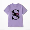 Paars korte mouw T-shirt voor vrouwen met stijlvolle bloemrijke letter S print top - 10642 / S