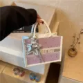Stylish Women PU Leather Tote Bag Purple Star Printed Handbag with Cute Star Charm - No Pendant / Purple