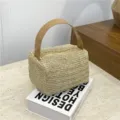 Woven straw handbag with PU leather handle, stylish vintage lunch box bag for women summer. - Straw Khaki