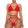 Close-up of red strappy bikini featuring halter neck top and high-waist wrap-around waist string. - S / Red