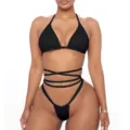 Black sexy halter bikini swimwear for women featuring multi-strap waist and high cut design. - S / Black