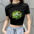 Black short sleeve crop top featuring green St. Patrick's Day clover graphic print for women. - S / Black