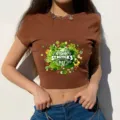 Women brown crop top short sleeve St. Patrick's day clover graphic t-shirt casual tee - S / Brown