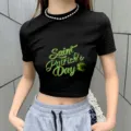 Saint Patrick's Day printed black crop top detail, short sleeve casual t-shirt for women. - S / Black