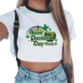 Saint Patrick's Day clover print crop top, white short sleeve ringer tee with festive rainbow graphic. - S / White